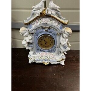 Vintage Porcelain Clock  Victorian French Style Mantle Quartz Cherubs 12 x 9 x 4